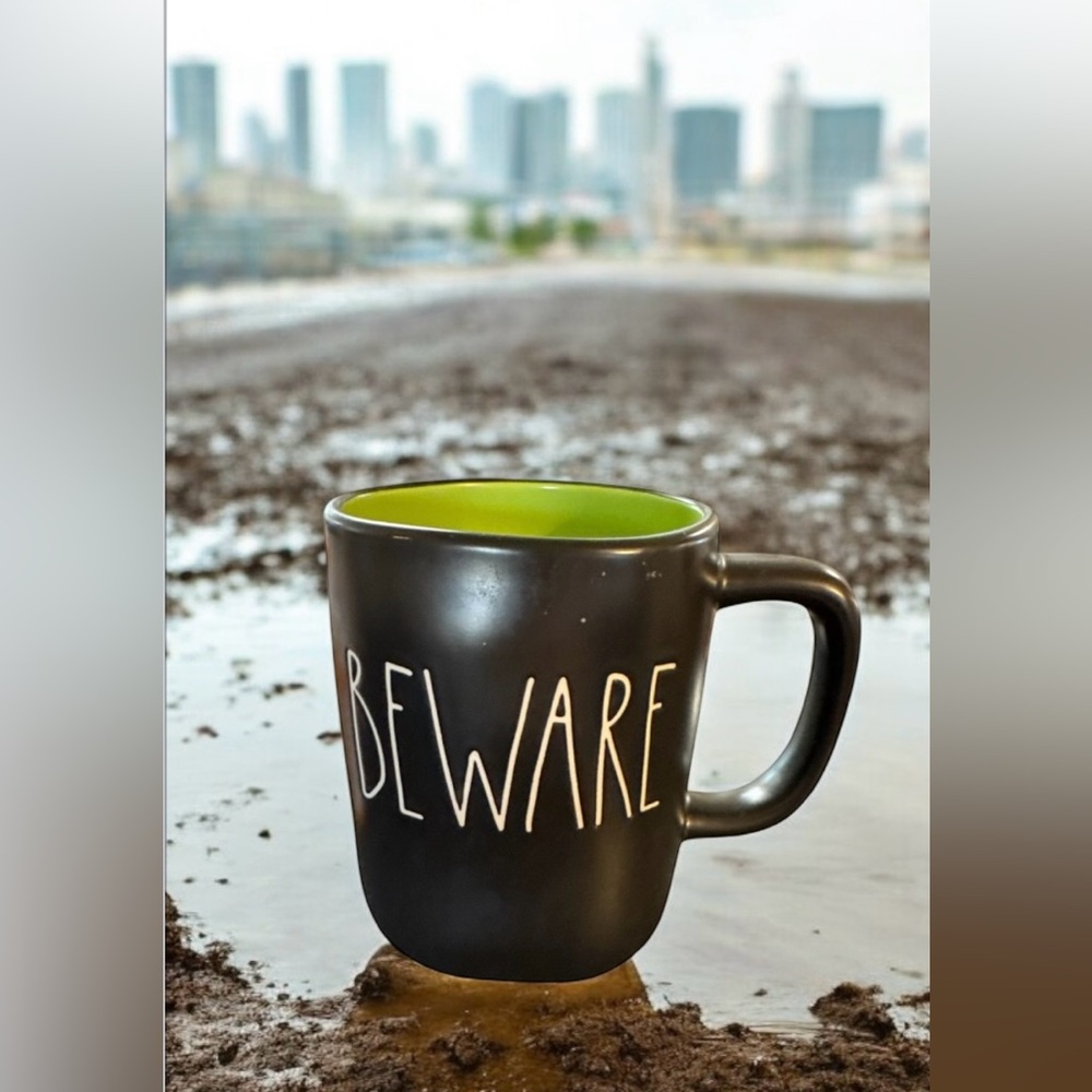 Rae Dunn Black and Green 'Beware' Mug